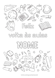 Desenho para personalizar Símbolos Lápis Mochila Globo Terrestre Volta às Aulas Mensagem de Boas-vindas Materiais Escolares Despertador Esquadro Calculadora Transferidor