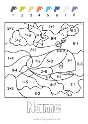 Free coloring Number Whale Coloring by numbers Children's activities Subtractions Additions Marine or aquatic animals