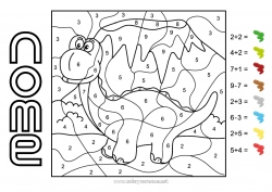 Desenho grátis Dinossauros Número Colorir por números Atividades para Crianças Animal Subtrações Adições Diplodoco