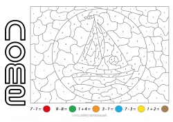 Desenho para personalizar Número Veículos Colorir por números Atividades para Crianças Barco Subtrações Adições Veleiro Veículos marítimos