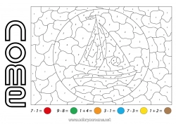 Disegno gratuito Numero Veicoli Colorare per numeri Attività per Bambini Barca Sottrazioni Addizioni Vela Veicoli marittimi