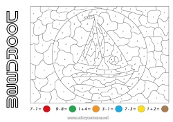 Kleurplaat aanpassen Getal Kleuren op nummer Activiteiten voor Kinderen Boot Aftrekkingen Optellingen Zeilschip Maritieme voertuigen