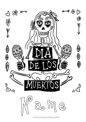 Free colouring Skeleton Skull Day of the Dead Maracas Musical instruments