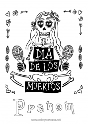 Dessin gratuit Squelette Crâne Día de los Muertos Maracas Instruments de musique