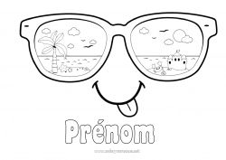 Coloriage gratuit Vacances Crabe Palmier Animaux marins ou aquatique Château de sable Lunettes Smilley Lunettes de soleil