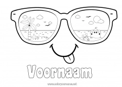 Kleurplaat aanpassen Vakantie Krab Palmboom Zeedieren Zandkasteel Bril Smiley Zonnebril