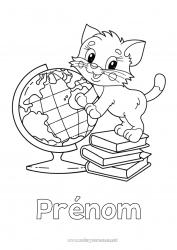 Coloriage gratuit Chat Livre Chiens et chats Lecture Globe terrestre