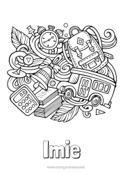 Kolorowanka do personalizacji Szkoła Doodle Powrót do szkoły Artykuły szkolne Budzik Kalkulator