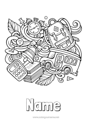 Colouring to customise School Doodle Back To School Stationery Supplies Alarm Clock Calculator