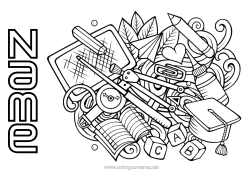 Free colouring School Doodle Back to school Stationery supplies Compass