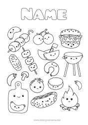 Colouring to customise Sweets Cute Food Treats, Sweets Hamburger Barbecue Fire Marshmallows Sausage Chilli