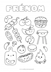 Coloriage à personnaliser Bonbons Kawaii Nourriture Gourmandises, sucreries Hamburger Barbecue Feu Chamallows, guimauves