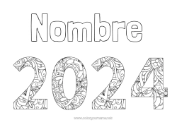 Colorear para personalizar Feliz año Zentangle 2024