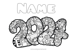 Colouring to customise Monster Happy New Year Complex Colouring Pages 2024