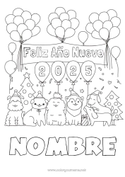 Colorear para personalizar Globos Fiesta Perro Feliz año Animales Perros y gatos 2025 Mensaje 