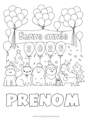 Coloriage à personnaliser Ballons Fête Chien Bonne année Animal Chiens et chats 2025 Message 