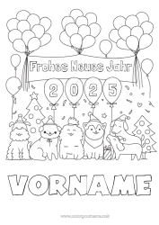 Malvorlage anpassen Luftballons Fest Hund Frohes Neues Jahr Tier Hunde und Katzen 2025 Nachricht 