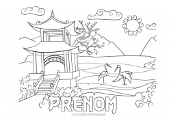 Coloriage gratuit Japon Flamant rose Oiseaux et mammifères volants Cerisier Pagode