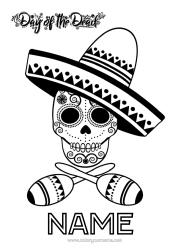 Free colouring Skull Day of the Dead Hat Maracas Musical instruments