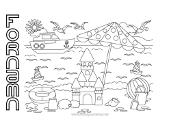 Färgläggningssida att anpassa Strand Båt Fåglar och flygande däggdjur Sandcastle Parasoll Strandboll Strandhink Spel och leksaker Marina fordon Mås, skrattmås