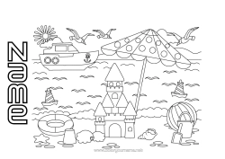 Colouring to customise Beach Boat Birds And Flying Mammals Sandcastle Parasol Beach Ball Beach Bucket Games And Toys Marine Vehicles Seagull