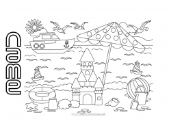 Coloring to customize Beach Boat Flying birds and mammals Sandcastle Parasol, Beach umbrella Beach ball Beach bucket Games and toys Maritime vehicles Seagull, gull