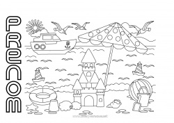 Coloriage à personnaliser Plage Bateau Oiseaux et mammifères volants Château de sable Parasol Ballon de plage Seau de plage Jeux et jouets Véhicules maritimes Mouette, goéland