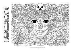 Desen liber de colorat Flori Cranium Ziua Morților Catrina