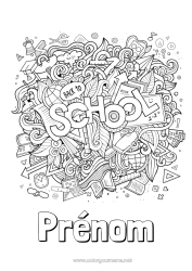 Coloriage à personnaliser Mandala École Crayon Globe terrestre Rentrée scolaire Tableau de classe Fournitures scolaires Réveil équerre