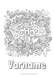 Malvorlage anpassen Mandala Schule Bleistift Erdball Schulbeginn Klassentafel Schulbedarf Wecker Winkel Papierflugzeuge