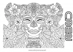 Free coloring Fancy dress Flowers Skull Día de los Muertos Catrina