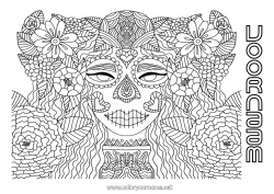 Gratis kleurplaat Vermomming Bloemen Schedel Dia de los Muertos Catrina