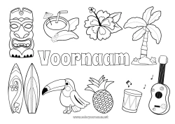 Gratis tekening Zomer Palmboom Ananas Symbolen Surfen Hibiscus Cocktail Gitaar Eiland Muziekinstrumenten Watersporten Totem