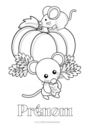 Coloriage gratuit Citrouille Mignon Automne Souris Feuilles Animaux de la forêt