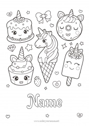 Coloring to customize Cake Kawaii Unicorn Donuts Treats Ice cream Cupcake Dragons, unicorns and fantastic animals