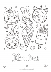 Colorear para personalizar Tarta Kawaii Unicornio Donuts Golosinas Helado Magdalena Dragones, unicornios y animales fantásticos