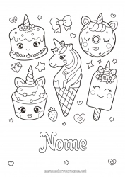 Colorazione gratuita Torta Kawaii Unicorno Ciambelle Dolci, zuccherini Gelato Cupcake Draghi, unicorni e animali fantastici