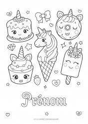 Coloriage à personnaliser Gâteau Kawaii Licorne Donuts Gourmandises, sucreries Glace Cupcake Dragons, licornes et animaux fantastiques