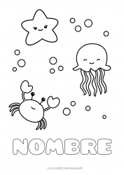 Colorear para personalizar Kawaii Medusa Animales Cangrejo Dibujos fáciles para colorear Estrella de mar Animales marinos o acuáticos