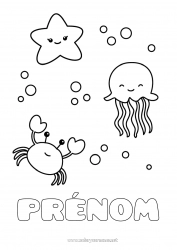 Coloriage gratuit Kawaii Méduse Animal Crabe Coloriages faciles Étoile de mer Animaux marins ou aquatique