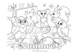 Colorear para personalizar Ardilla Ratón Búho Animales Maestra, Maestro Aves y mamíferos voladores Animales del bosque Profesiones de la Educación Pizarra de clase Salón de clases Estudiante Avellana