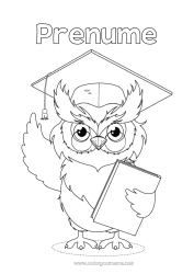 Pagină de colorat personalizată Bufniță, Uluce. Animal Învățătoare/Învățător Păsări și mamifere zburătoare Meserii în educație Întoarcerea la școală Beretă de student