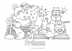 Coloriage gratuit Chat Kawaii Livre Chiens et chats Lecture