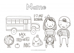 Free coloring Girl Boy Child Bus, coach Symbols Ground public transport Schoolbag World globe Back to School Student