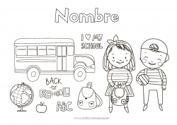 Colorear gratis Chica Chico Niño Autobús, autocar Simbolos Transporte público terrestre Mochila escolar Globo terráqueo Regreso a clases Estudiante