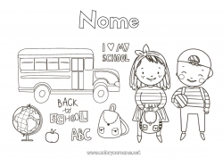 Disegno gratuito Ragazza Ragazzo Bambino Bus, pullman Simboli Trasporto pubblico terrestre Cartella Globo terraqueo Rientro a scuola Studente