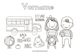 Kostenlose Zeichnung Mädchen Junge Kind Bus, Auto Symbole Öffentlicher Nahverkehr Schultasche Erdball Schulbeginn Schüler