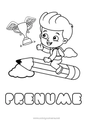 Pagină de colorat personalizată Băiat Cupă, trofeu, medalie Creion Competiții și premii Întoarcerea la școală Materiale școlare