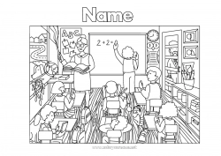 Coloring to customize Teacher School Complex coloring pages Education Professions Back to School Class board Classroom Student School desk