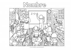 Colorear para personalizar Maestra, Maestro Escuela Dibujos complejos para colorear Profesiones de la Educación Regreso a clases Pizarra de clase Salón de clases Estudiante Pupitre